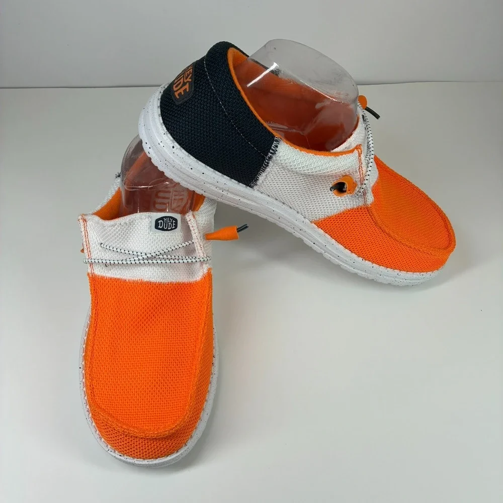HEY DUDE Wally Tri Varsity Men's US 10 Orange White Mesh Casual Slip-On Shoes